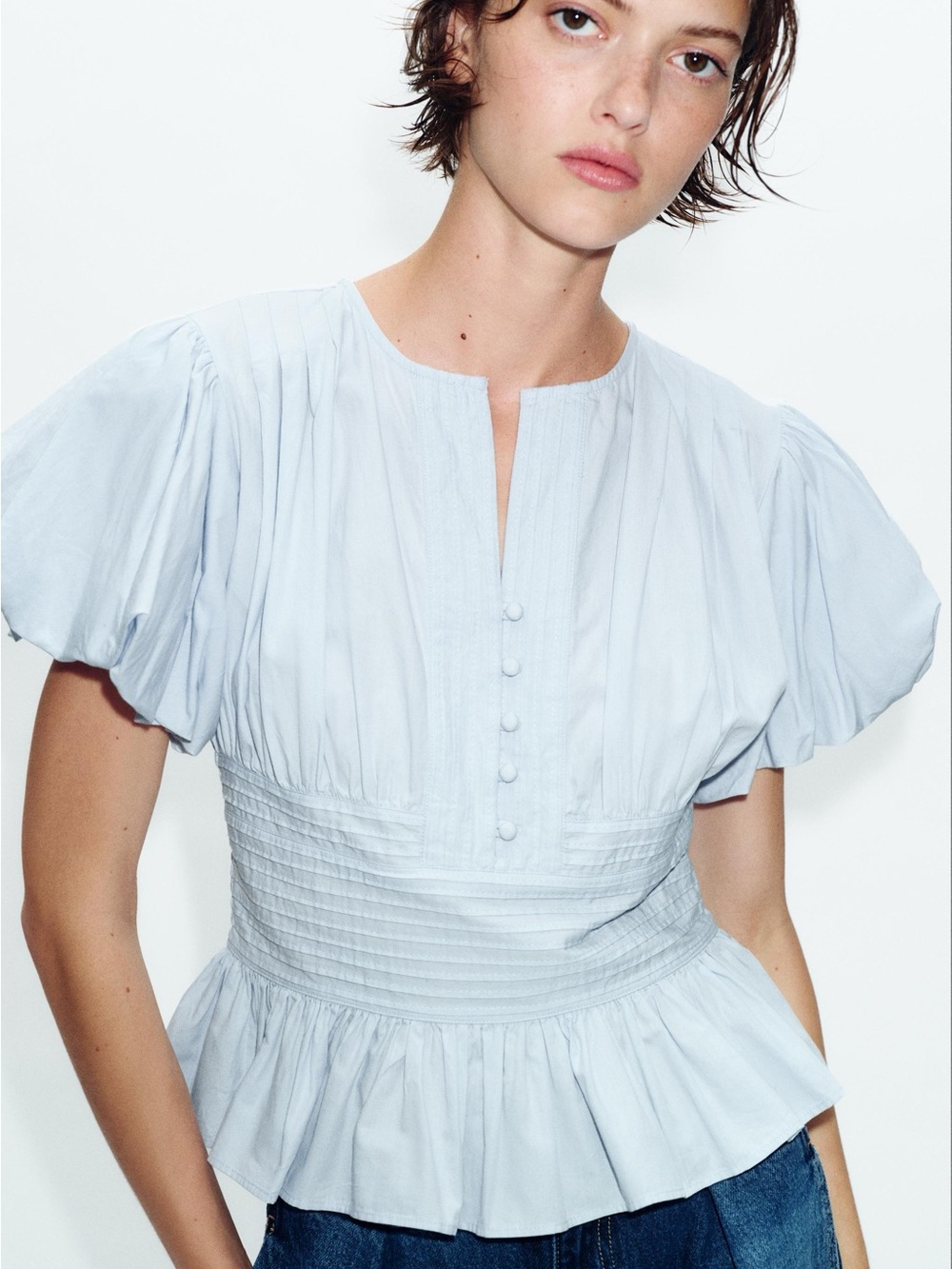 Zara puff sleeve pintuck blouse